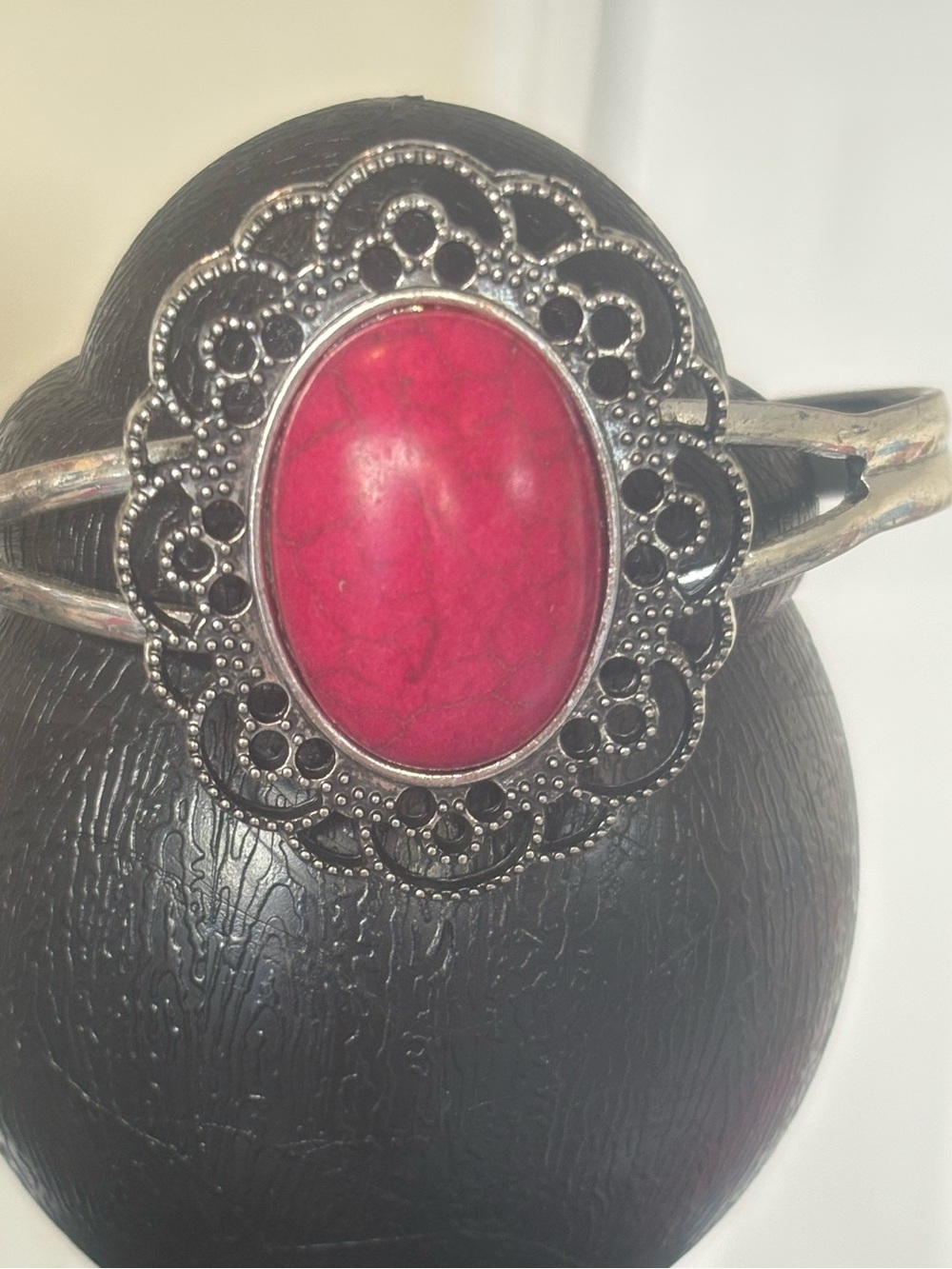 Silver Filigree Cuff Bracelet with Pink Stone